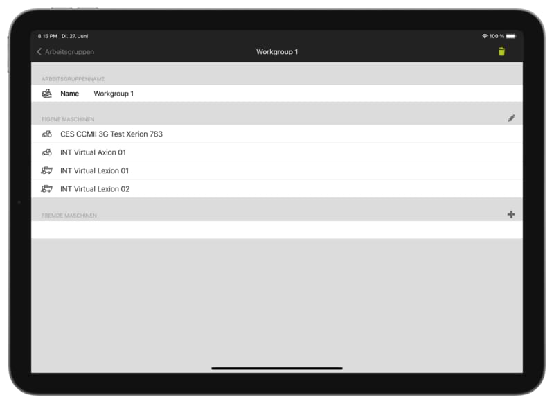 Darstellung der Erntegruppe mit Maschinen in der Fleet View App