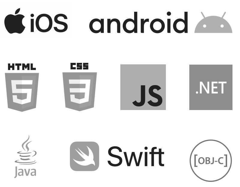 Logos der Programmiersprachen und Technologien iOS, Android, HTML5, CSS3, JavaScript, .NET, Java, Swift und Objective-C – genutzte Technologien der Cayas App-Agentur für App-Entwicklung.