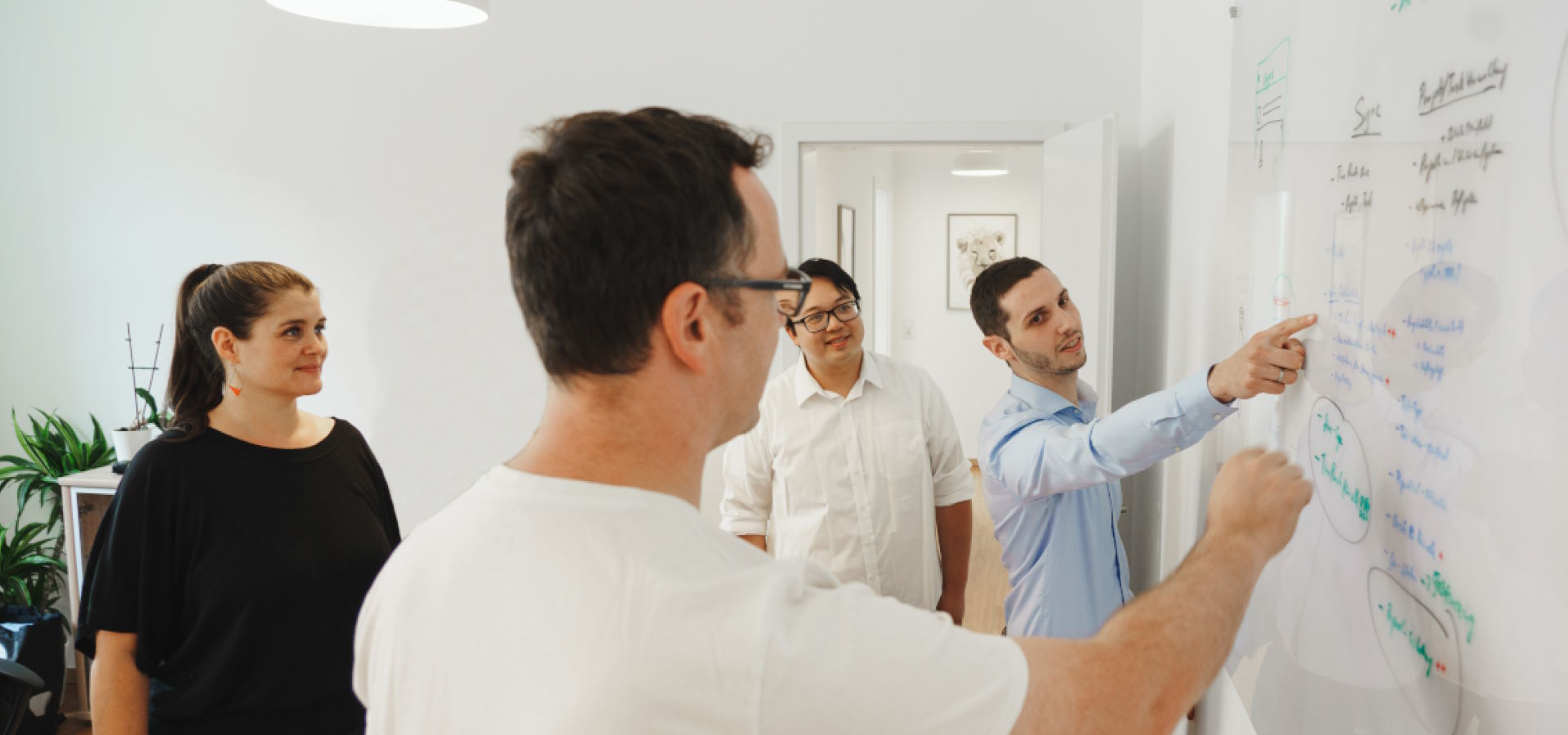 Team der Cayas App-Agentur bei der Projektplanung am Whiteboard – gemeinsames Erarbeiten von Software- und App-Konzepten.